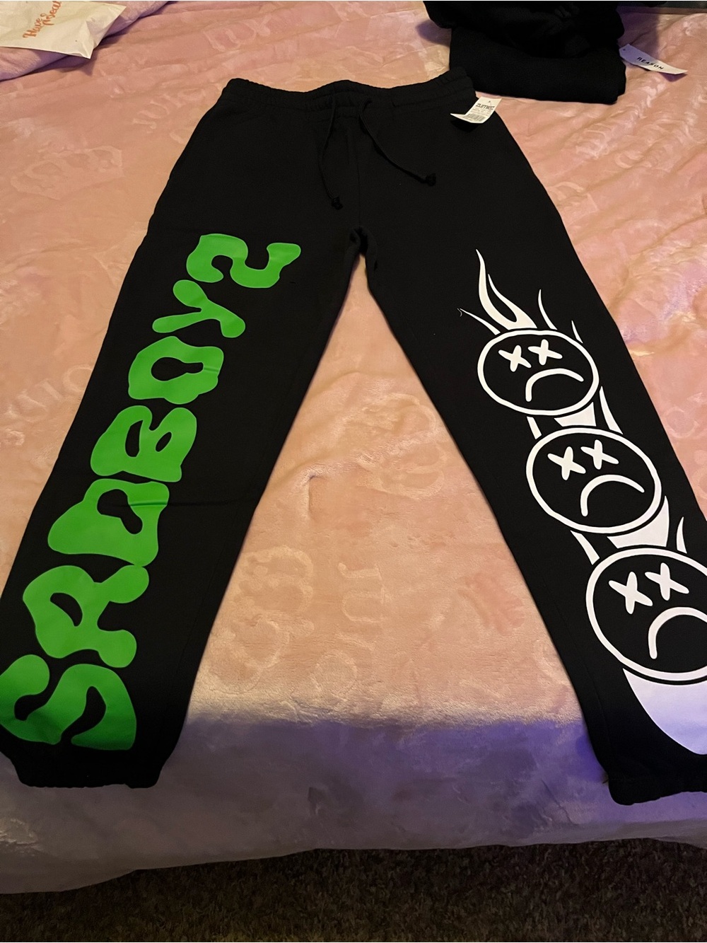 Black Sweatpants with Green 'Sadboys’ Print and White Smiley Graphic